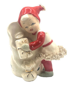 Vintage NAPCO Christmas Pixie Elf Figurine 1950s MCM Japan Spaghetti Trim